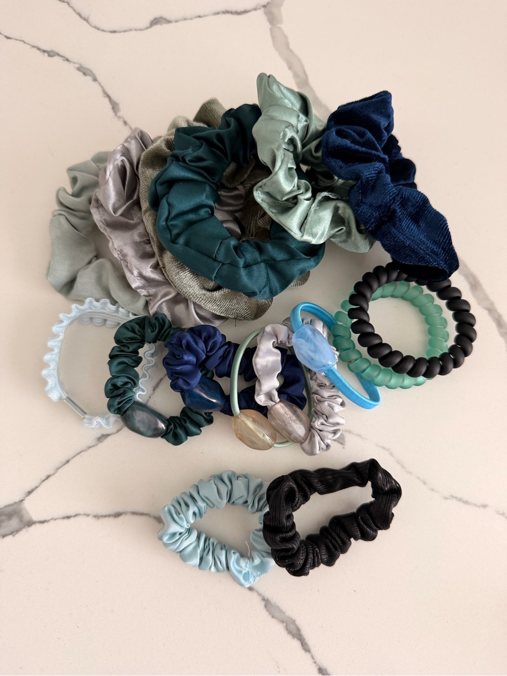 NEWAssorted Satin & Elastic Hair Scrunchie Set - Teal, Navy, Mint, Silver, Black
